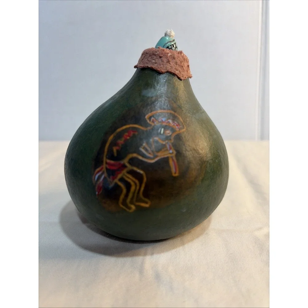 Vintage Signed Kokopelli Gourd Oil Lamp 1999 Southwestern Folk Art 4